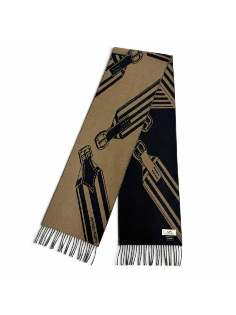 Hermes Sangles en Zigzag Cashmere 100% Etoupe Marine Fringe Scarf Brown Navy